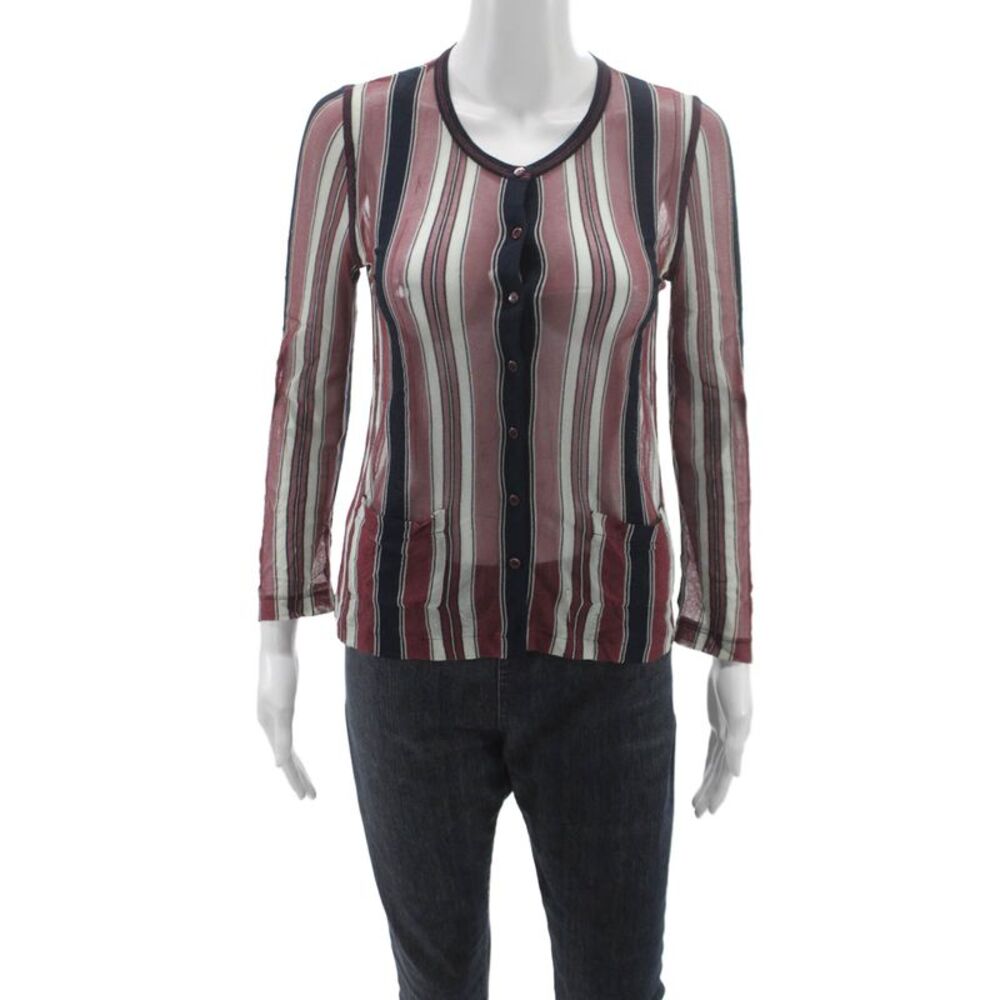 Chanel Womens Dark Blue Striped Round Neck Button Up Blouse Long Sleeve Size 38